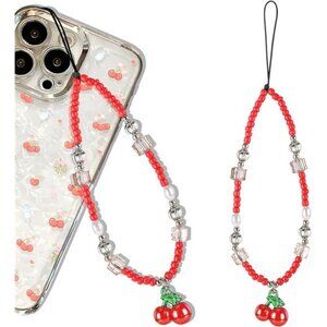 Red Cherry Phone Charm Strap Cute Beaded Wrist Lanyard for Phone Cases, Bags ect